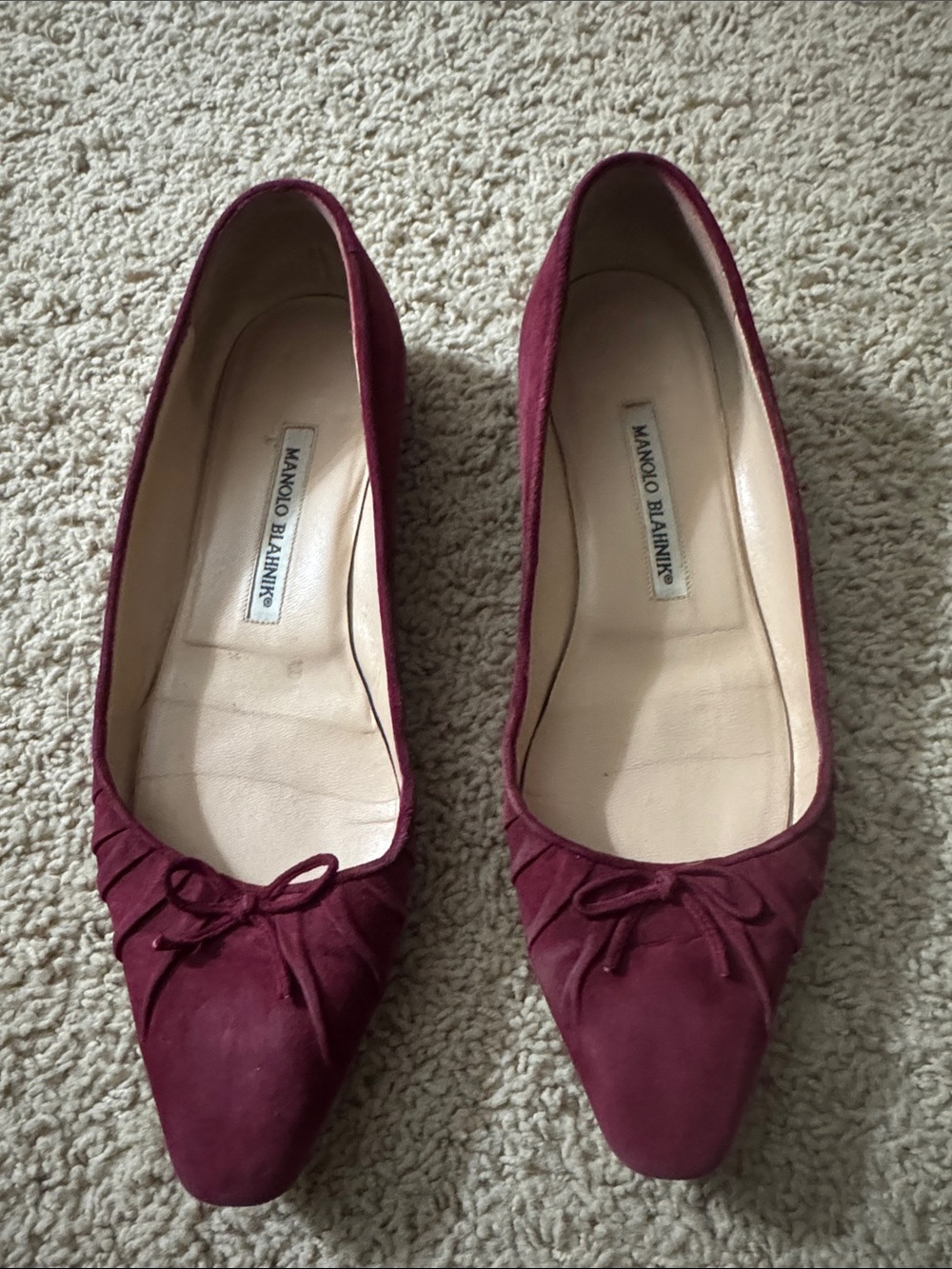 Manolo Blahnik Plum Suede Pointed-Toe Flats with Bow